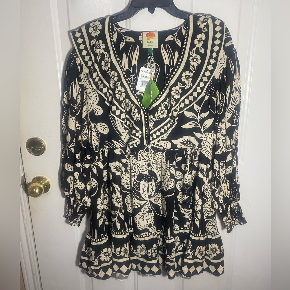 FARM RIO NWT Black & White Graphic Tropical Floral Bird Printed Ruffle Dress S - Picture 7 of 9